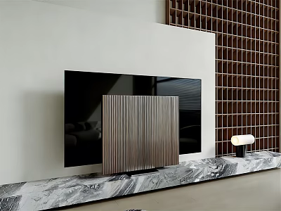 Modern Smart TV Setup With Marble Countertop Grid Wall And Sleek Lamp 3d model
