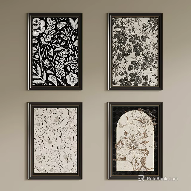 Floral Themed Wall Art With Black Frames And Various Pattern Designs 3d model