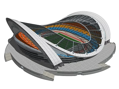 Modern Large Sports Stadium Architecture With Colorful Seating And Curved Roof Design 3d model