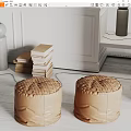 Brown Woven Leather Ottoman Poufs In Minimalist Interior With Stacked Books