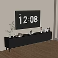 Modern Black TV Stand With Drawers And Decorative Vases On Wooden Floor