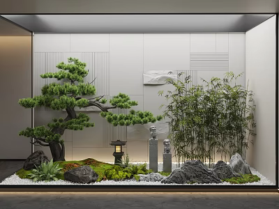 Indoor Miniature Garden Ornament With Pine Tree Bamboo Rocks Moss Stone Lantern And Stone Pillars 3d model