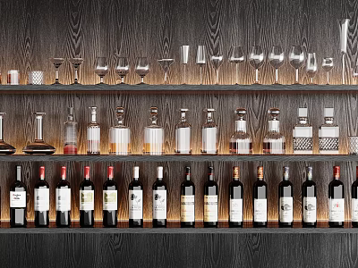 Dark Wooden Wine Rack With Multiple Shelves Holding Wine Bottles And Glasses 3d model