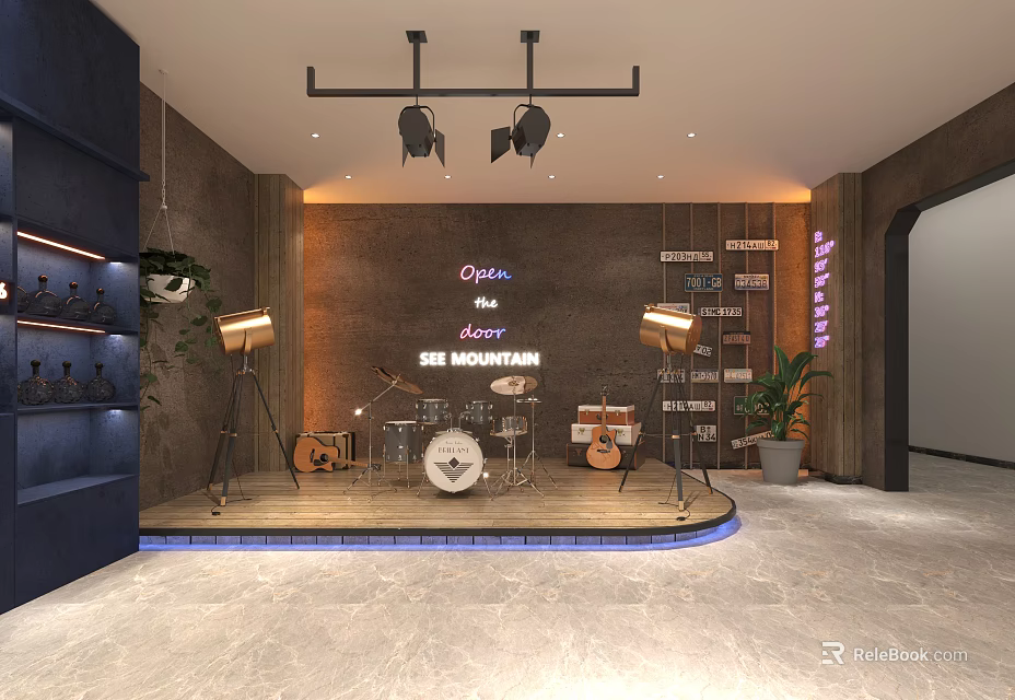 Modern Tea House Interior With Stage Musical Instruments Neon Signs And Lighting Equipment 3d model 