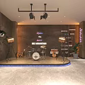 Modern Tea House Interior With Stage Musical Instruments Neon Signs And Lighting Equipment