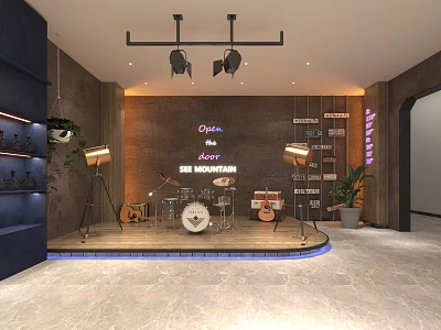 Modern Tea House Interior With Stage Musical Instruments Neon Signs And Lighting Equipment 3d model