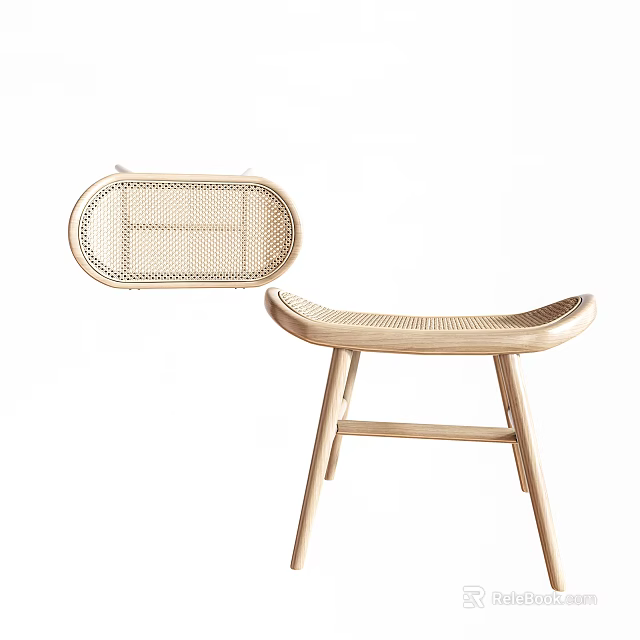 Modern Wooden Stool With Rattan Seat And Curved Backrest Design 3d model 