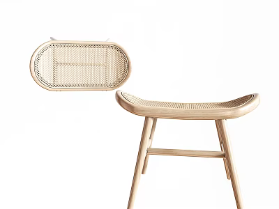 Modern Wooden Stool With Rattan Seat And Curved Backrest Design 3d model