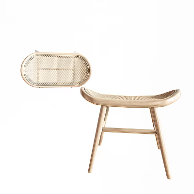 Modern Wooden Stool With Rattan Seat And Curved Backrest Design 3d model