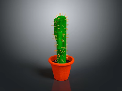 Tall Green Cactus With Thorns In Orange Pot On Gray Background 3d model