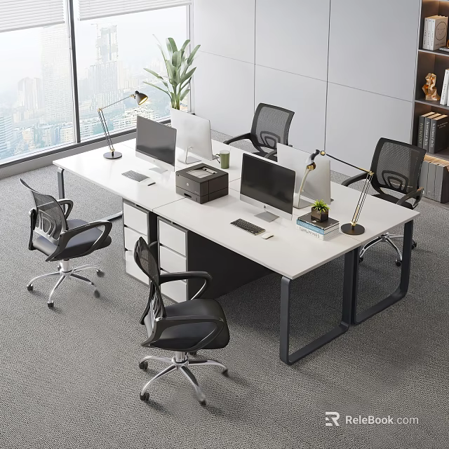 Modern Office Workspace With Large Desk Multiple Computers Ergonomic Chairs And City View 3d model