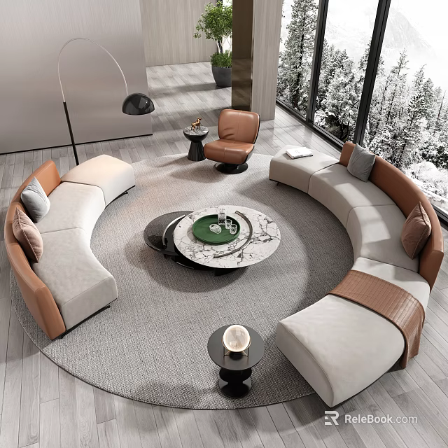 Modern Curved Sofa and Coffee Table Set in Beige Brown with Snowy Window Living Room 3d model 