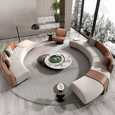 Modern Curved Sofa and Coffee Table Set in Beige Brown with Snowy Window Living Room 3d model