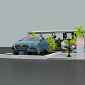 Audi Car Display on Platform With Palm Trees Street Lamp and Billboards