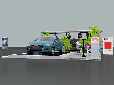 Audi Car Display on Platform With Palm Trees Street Lamp and Billboards 3d model