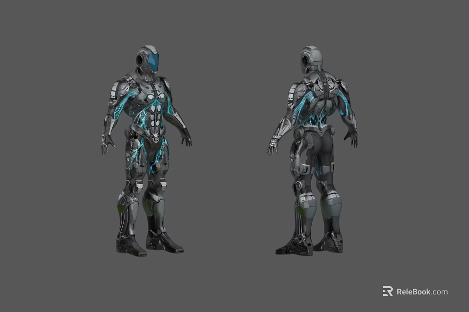 Game and Movie Character Mech Design With Dual View Metallic Texture And Blue Accents 3d model 