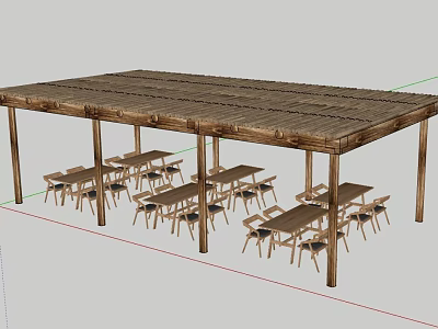 Wooden Pavilion With Multiple Tables And Chairs For Outdoor Seating Area 3d model