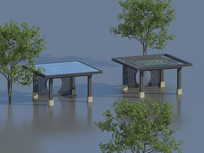 Modern Pergola Structures With Glass Roofs Surrounded By Green Trees On Water Surface 3d model