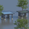 Modern Pergola Structures With Glass Roofs Surrounded By Green Trees On Water Surface