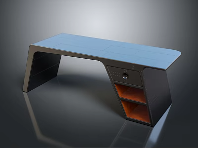 Modern Office Desk With Blue Tabletop Dark Frame Drawer And Open Shelves 3d model