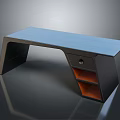 Modern Office Desk With Blue Tabletop Dark Frame Drawer And Open Shelves