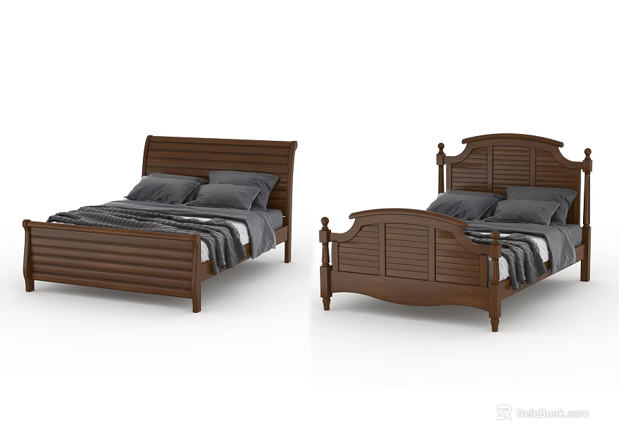 Wooden Double Bed With Different Headboard Designs Gray Pillows And Striped Sheets 3d model 