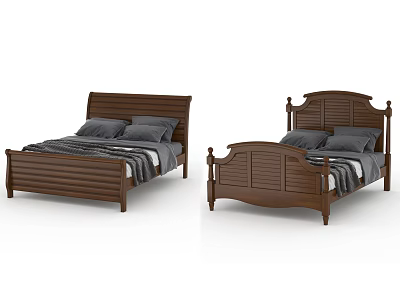 Wooden Double Bed With Different Headboard Designs Gray Pillows And Striped Sheets 3d model