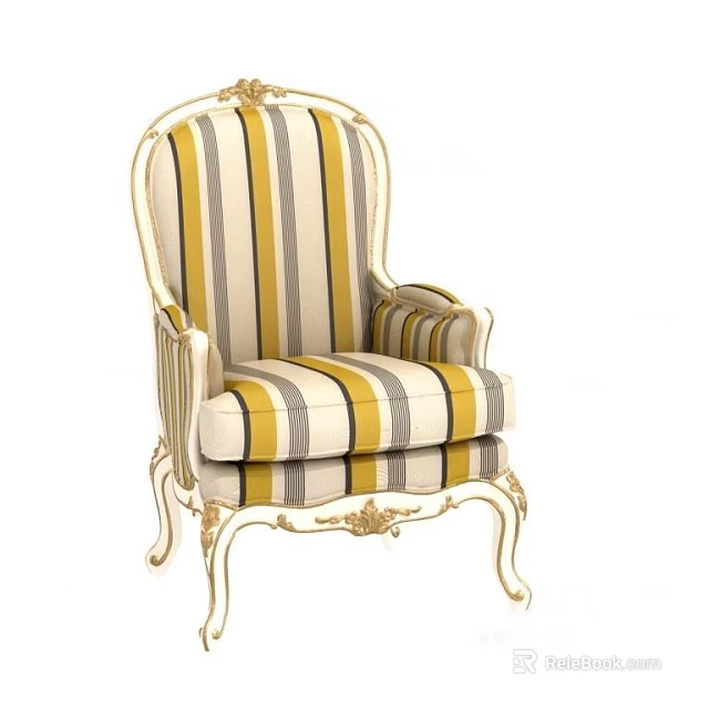 Elegant Single Sofa With Striped Beige Yellow Gray Upholstery And Gold Carved Armrests Legs 3d model 