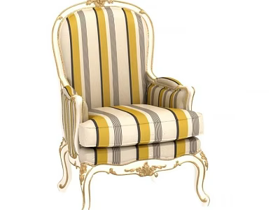 Elegant Single Sofa With Striped Beige Yellow Gray Upholstery And Gold Carved Armrests Legs 3d model
