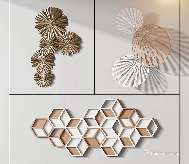Modern Geometric Wall Decor With Fan Shaped And Hexagonal Wooden Art Pieces 3d model