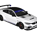 White BMW Racing Car With Black Roof Rear Spoiler And Blue Stripes