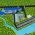 Industrial Factory Layout With Blue Roof Buildings Green Trees Roads And Orange Cranes
