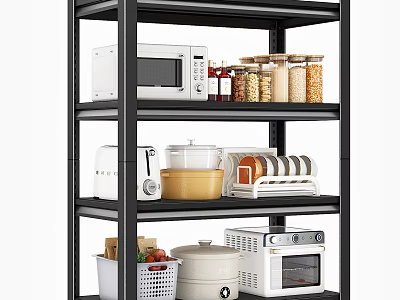 Organized Kitchen Shelf with Ceramic Vessels Microwave Toaster Grain Jars Fruit Basket and Small Oven 3d model
