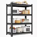 Organized Kitchen Shelf with Ceramic Vessels Microwave Toaster Grain Jars Fruit Basket and Small Oven