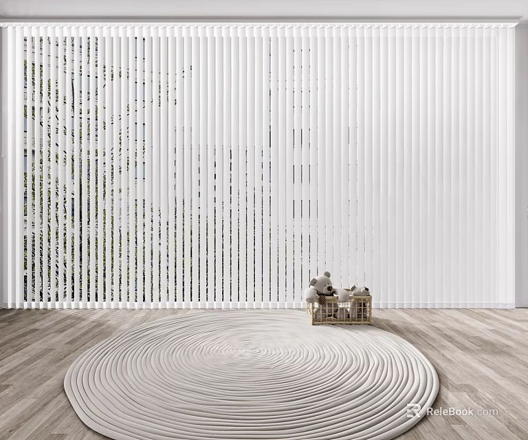 White Vertical Blinds on Large Window with Outdoor Greenery Wooden Floor and Round Woven Rug 3d model 