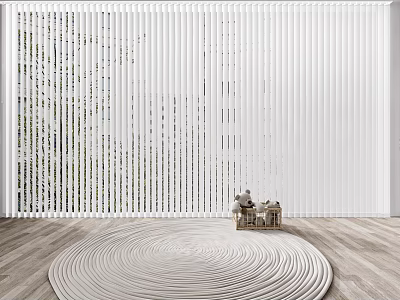 White Vertical Blinds on Large Window with Outdoor Greenery Wooden Floor and Round Woven Rug 3d model