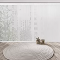 White Vertical Blinds on Large Window with Outdoor Greenery Wooden Floor and Round Woven Rug