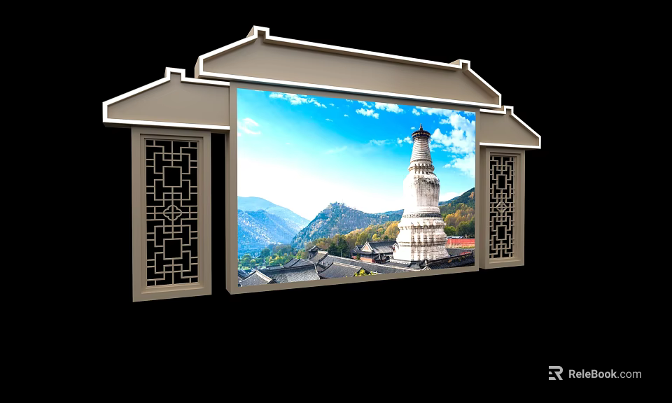 Traditional Chinese Partition With Lattice Sides And Scenic Pagoda Mountain View 3d model 