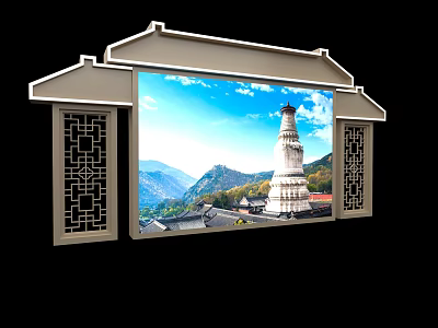 Traditional Chinese Partition With Lattice Sides And Scenic Pagoda Mountain View 3d model