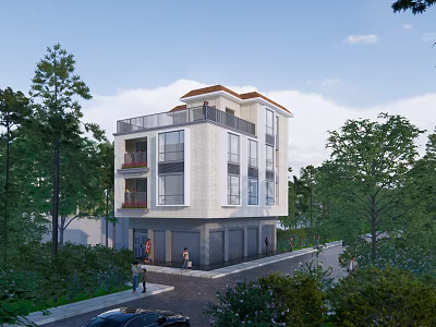Modern Detached Villa Exterior Design With Balconies Surrounded By Trees And Driveway 3d model