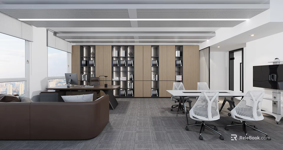 Modern Office Interior With Bookshelves Desks White Chairs Brown Sofa Gray Carpet And Natural Light 3d model 