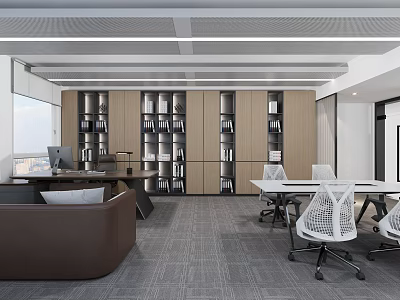 Modern Office Interior With Bookshelves Desks White Chairs Brown Sofa Gray Carpet And Natural Light 3d model