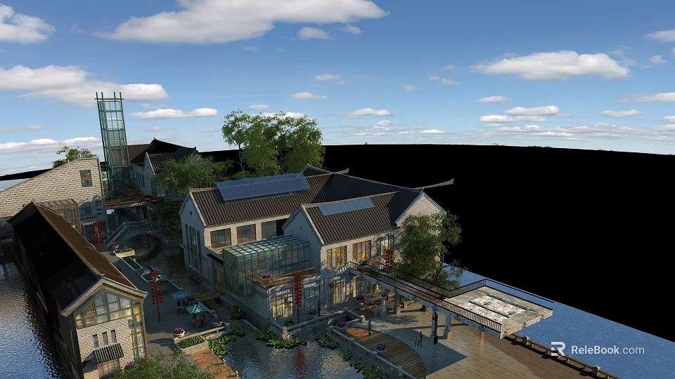 Chinese Traditional And Modern Commercial Street Along Waterfront With Trees And Pedestrian Area 3d model 