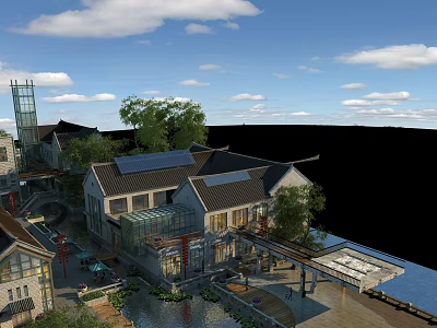 Chinese Traditional And Modern Commercial Street Along Waterfront With Trees And Pedestrian Area 3d model
