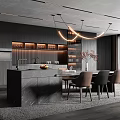 Elegant Modern Restaurant Interior With Dark Cabinets Marble Island Hanging Chandelier And Dining Table Chairs