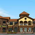 Commercial Street With Yellow Buildings Spire Tower Arched Doors Shops Trees And Cars