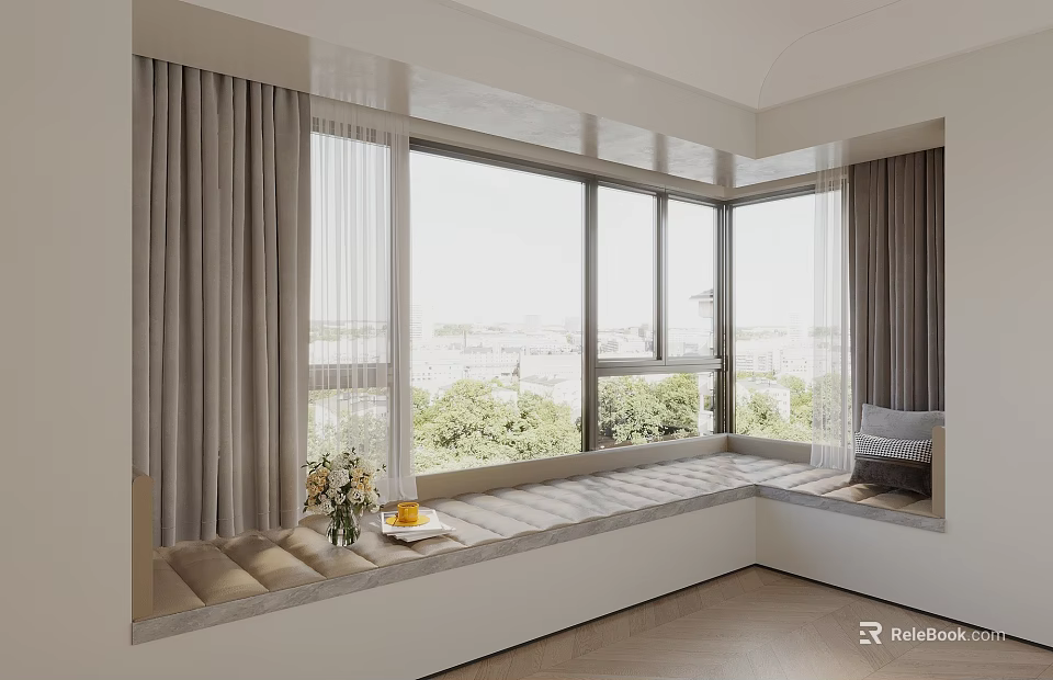 Cozy Bay Window Seat With Soft Cushions Curtains Fresh Flowers And City View 3d model 