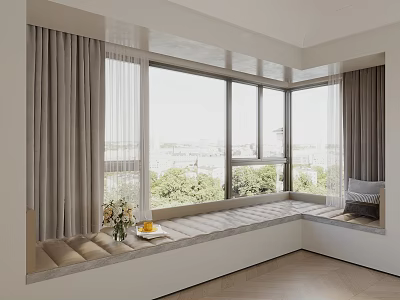 Cozy Bay Window Seat With Soft Cushions Curtains Fresh Flowers And City View 3d model
