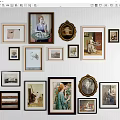 Gallery Wall With Framed Artworks And Photos In Various Sizes Shapes On White Striped Wall