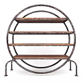 Rustic Storage Shelf With Circular Metal Frame And Wooden Tiers For Organizing